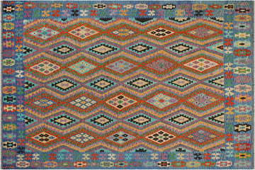 Flat Weave Kilim, Antique, Navaho, Vintage, Handmade, Geometric Kilim Rust Blue Hand-Woven Rectangle 100% Wool Area Rug 8 x 10